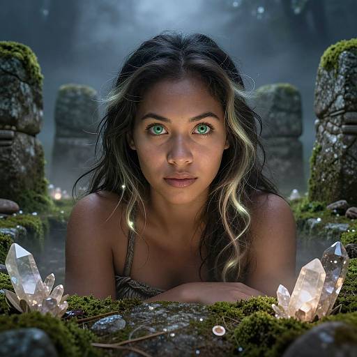 Photorealistic digital art: A woman with green eyes and wavy black hair, topless, leans on moss-covered stone ruins, surrounded by glowing
