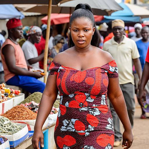 Photograph of a Black woman with a high ponytail, wearing an off-shoulder red and white pattern dress, standing at a bustling outdoor market