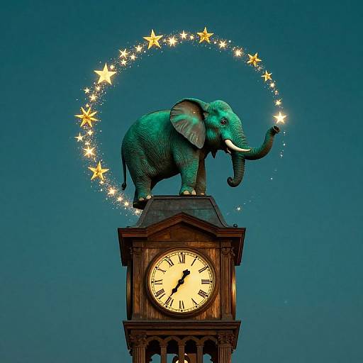 Photograph of a green, illuminated elephant atop a clock tower, holding a glowing star in its trunk, surrounded by a circular string of stars against a
