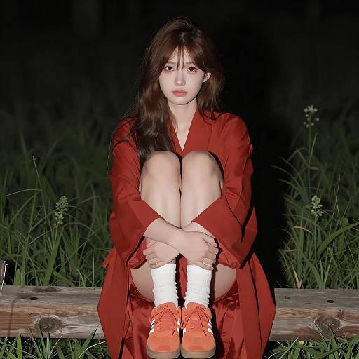 Woman Sitting on Wooden Beam at Night
