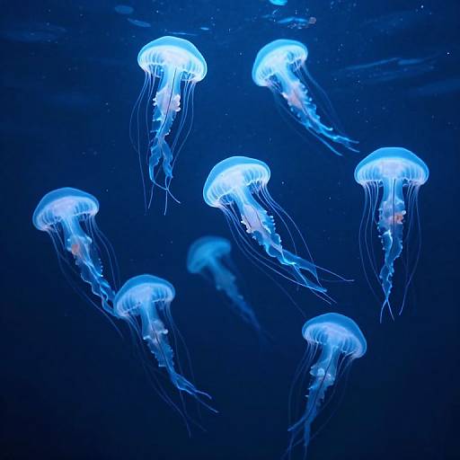 Photograph of six glowing blue jellyfish with translucent, flowing tentacles, floating gracefully in a dark, underwater blue ocean scene.