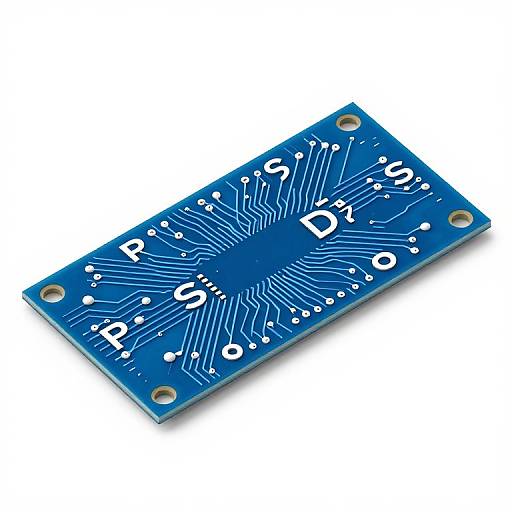 Photograph of a rectangular blue printed circuit board (PCB) with white circuit traces and gold-plated corners, lying diagonally on a white background