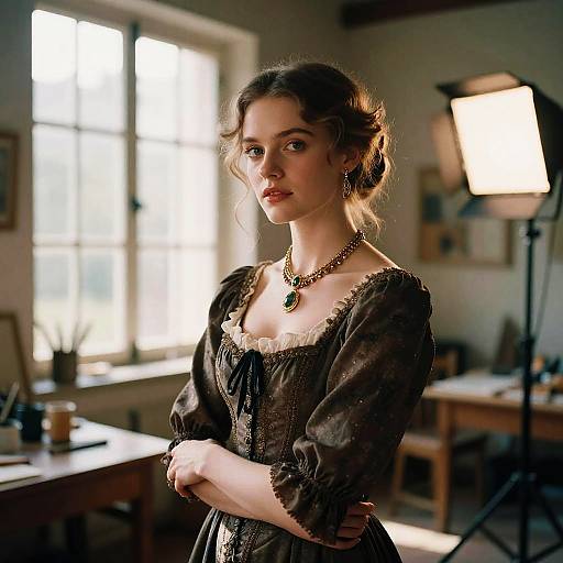 Photograph of a young woman with fair skin and dark brown hair in an elegant, dark brown 18th-century dress, standing in a sunlit