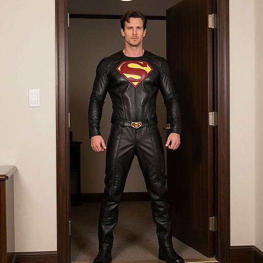 Leather Superhero Suit in Doorway