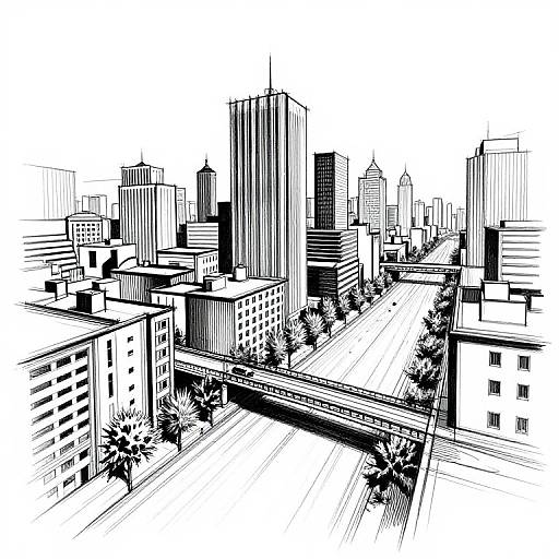 Black and white digital drawing of a modern cityscape with tall skyscrapers, narrow streets, and trees, featuring detailed linework.