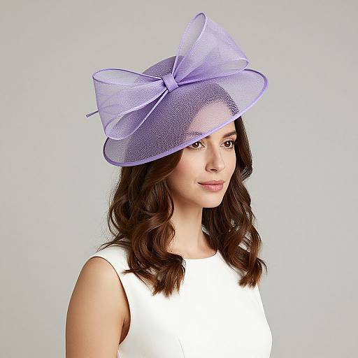 Photograph of a woman with wavy brown hair wearing a white sleeveless dress and a lavender, sheer, bow-shaped fascinator hat against a plain