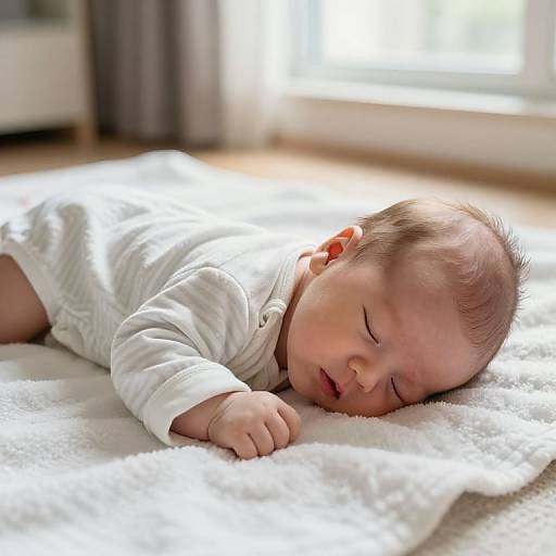 Photograph of a sleeping newborn baby with light skin and brown hair, wearing a white long-sleeve onesie, lying on a white textured blanket