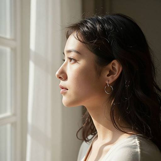 Photograph of a young Asian woman with long black hair and hoop earrings, gazing out a sunlit window, soft natural light illuminating her face