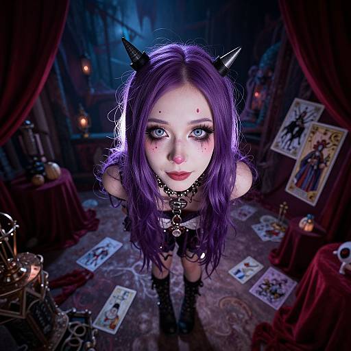 Digital art: Pale-skinned woman with purple hair, black horns, and gothic makeup, wearing a black choker and skirt, stands in a