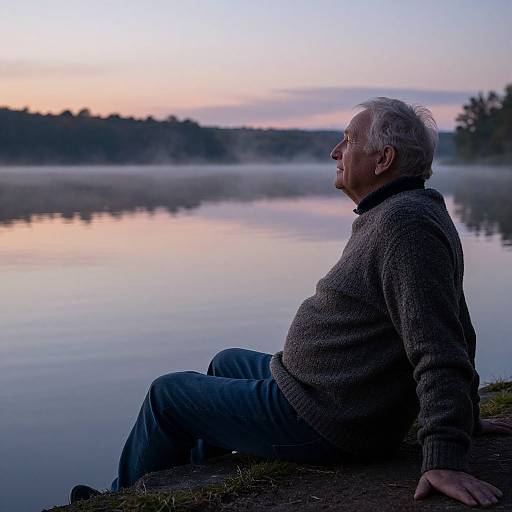 Elderly Man Relaxing by Lake at Dusk