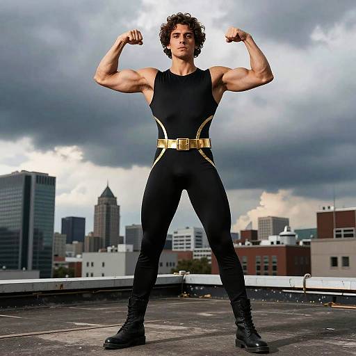 Photograph of a muscular man with curly hair, flexing biceps on rooftop, wearing black bodysuit, gold belt, black boots, against