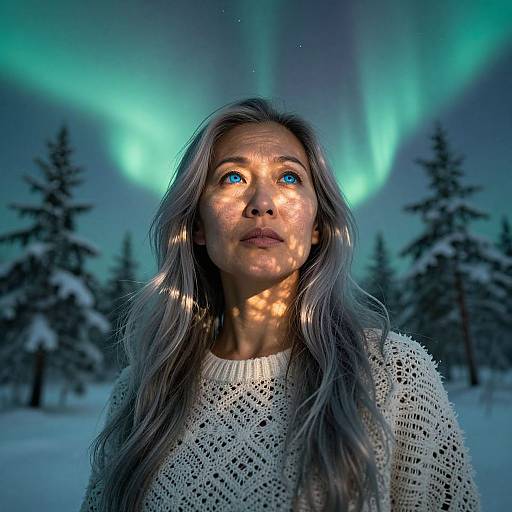 Photograph of a woman with long silver hair, blue eyes, wearing a white knit sweater, standing in a snowy forest under vibrant green Northern Lights.