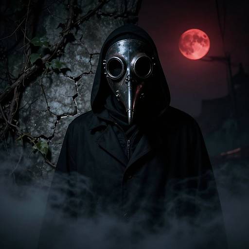 Photograph of a person in a black hooded raincoat and eerie gas mask, standing in a foggy forest at night, with a glowing red