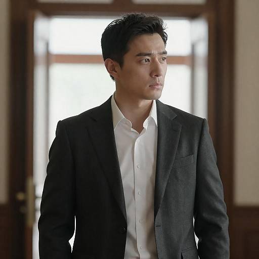 Serious Man in Dark Suit Standing Indoors