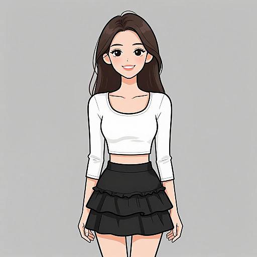Digital anime-style drawing of a smiling young woman with long dark brown hair, wearing a white long-sleeve crop top and a black, layered skirt