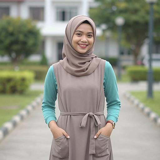 Smiling Asian Woman in Brown Hijab