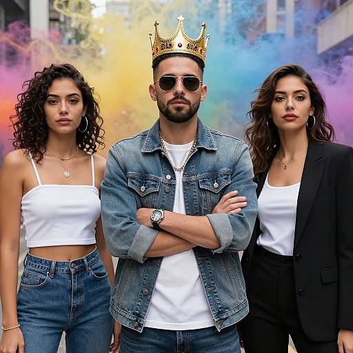 Photograph of three diverse individuals: bearded man with crown, sunglasses, denim jacket, and two women in white tops and jeans, standing against colorful