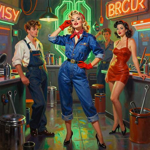 1950s Pin-Up Mechanic Neon Portrait