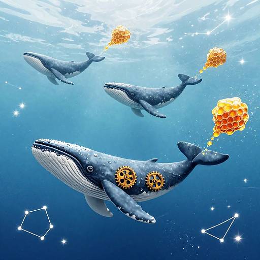 Digital illustration of three whales with gears and honeycombs on their backs, swimming underwater with stars, constellations, and light rays.