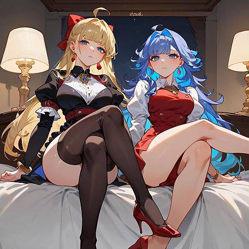Stylish Anime Girls Sitting on Bedside