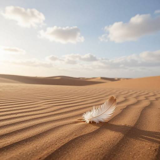 Photograph of a single white feather lying in sunlit, rippled sand dunes under a bright blue sky with scattered clouds.