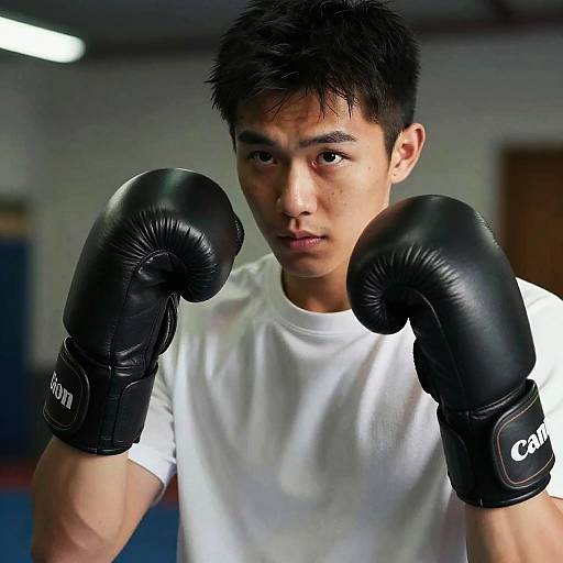 Photograph of an Asian man with short black hair, wearing black boxing gloves and a white t-shirt, standing in a boxing stance indoors.