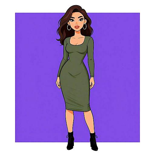 Digital illustration of a curvy woman with long brown hair, wearing a green, long-sleeve, form-fitting dress and black ankle boots,
