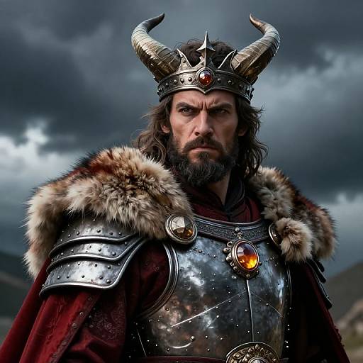 Photograph of a rugged, bearded man in medieval armor with fur trim, horned crown, and dark red cloak, under stormy sky.