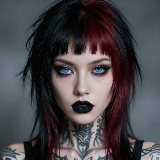 Photograph of a pale-skinned woman with striking blue eyes, black lipstick, and dark red-black hair, featuring extensive neck tattoos, against a gray