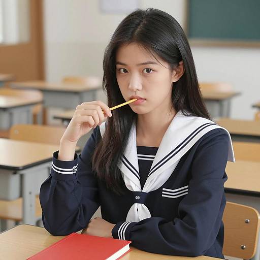Serious Student in Navy Sailor Uniform