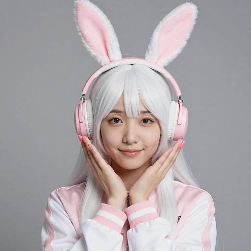Cute Asian Woman with Pink Bunny Headphones