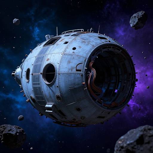 CGI image of a heavily damaged, spherical spaceship with exposed internal coils, floating in a dark, star-filled space with purple nebula and rocky asteroids