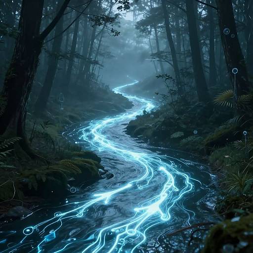 Digital artwork of a mystical forest with glowing, neon-blue river winding through misty, dark trees, surrounded by lush greenery.