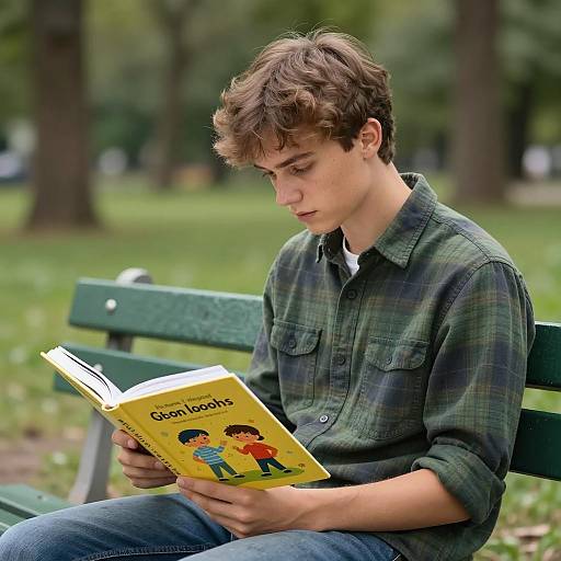 Young Man Reading Children's Book on Park Bench