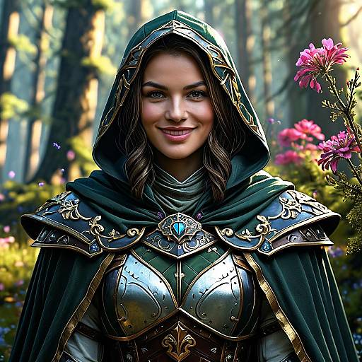 Digital art of a smiling, fair-skinned woman with brown hair, wearing detailed, metallic armor and a dark green hooded cloak in a sunlit