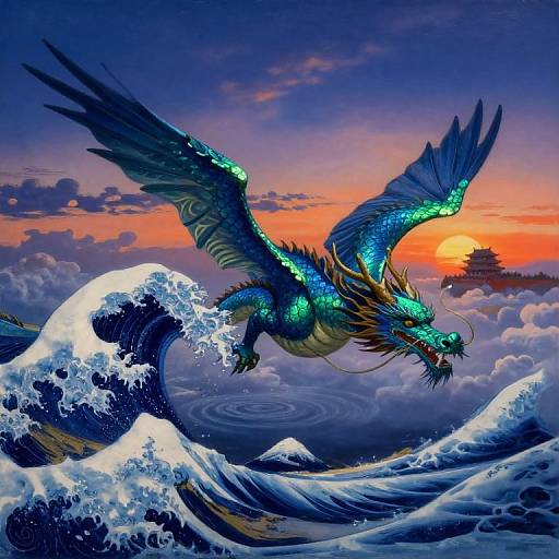 Digital painting of a vibrant, blue-green dragon with large wings soaring over crashing ocean waves at sunset, with a traditional Japanese pagoda in the background.