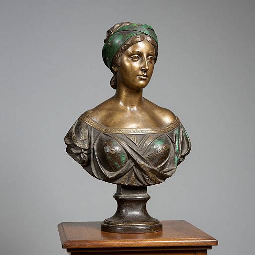 Bronze bust of a woman with green headscarf, detailed off-the-shoulder dress, and realistic facial features, displayed on wooden pedestal.