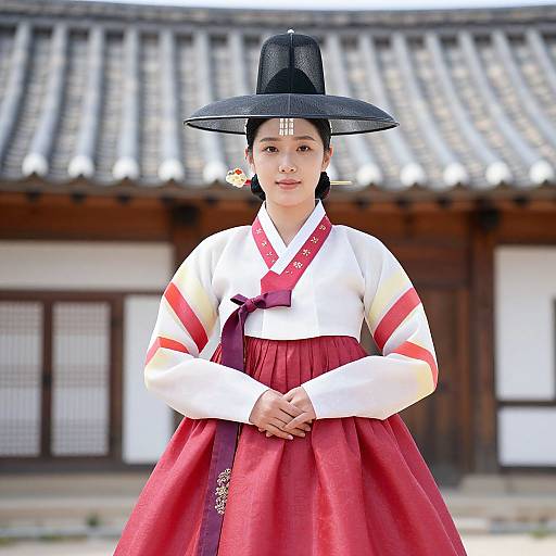 Photograph of a young Korean woman in traditional hanbok: white blouse with red stripes, red skirt, black hat, standing in front of a