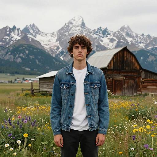 Photograph of a young man with curly brown hair, wearing a denim jacket and white t-shirt, standing in a colorful meadow with wildflowers,