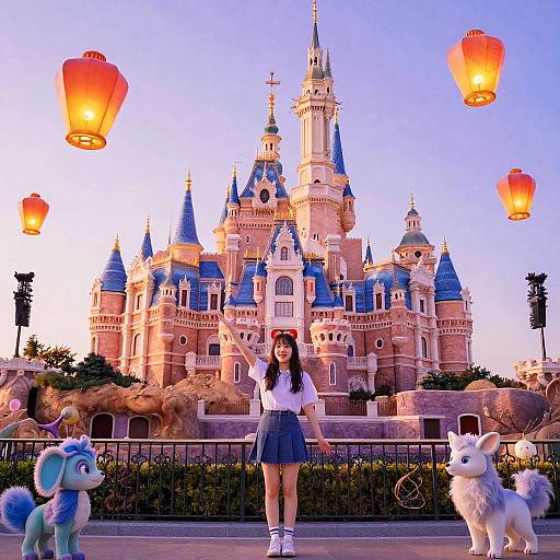 Photograph of a young woman in a white top and blue skirt, with two stuffed dogs, in front of a glowing Disney castle with floating lanterns