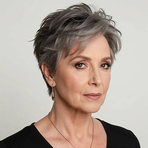 Photograph of an older woman with short gray hair, light skin, and subtle makeup, wearing a black top and gold necklace, against a plain white