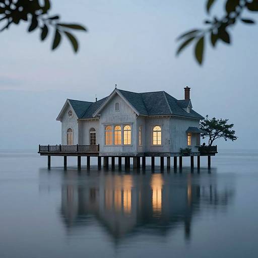 Photograph of a white, wooden house with glowing windows, on stilts over calm water at twilight, reflected in the water.