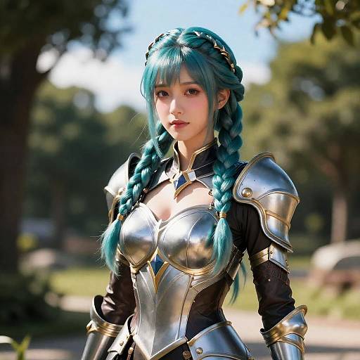Woman in Fantasy Silver Armor with Teal Braided Hair