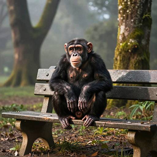 Photograph of a contemplative chimpanzee sitting on a weathered wooden bench in a misty, forested park with moss-covered trees in the background