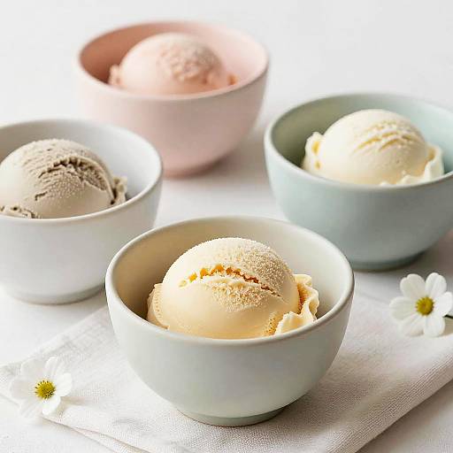 Photograph of three bowls with scoops of creamy ice cream in pastel colors, set on a white cloth with a daisy.
