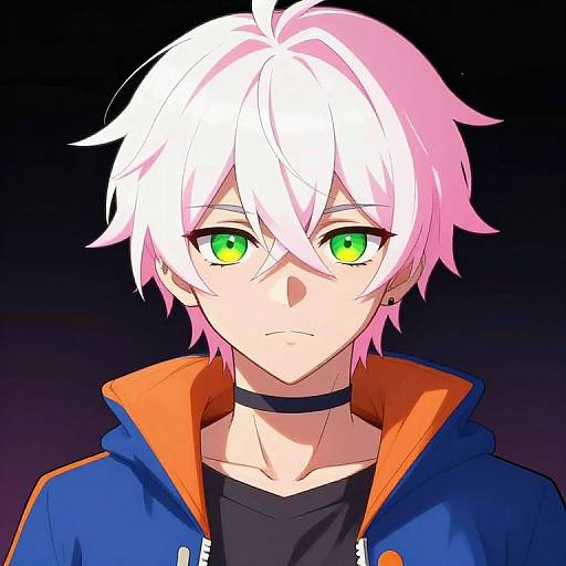Anime-style digital drawing of a white-haired, green-eyed character with pink hair, wearing a blue hoodie with an orange collar and a black choker against