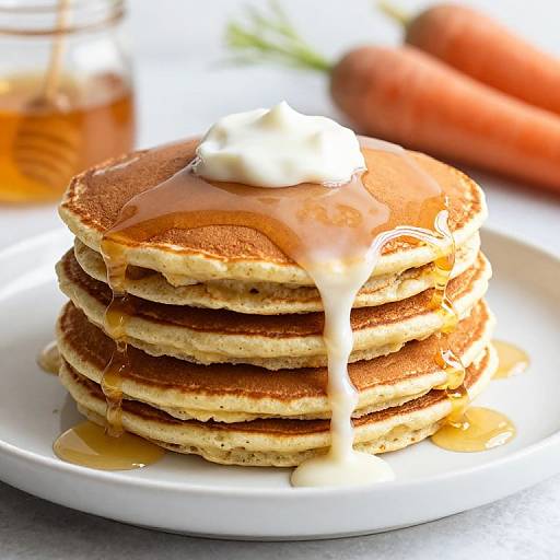 Photograph of a stack of golden-brown pancakes with syrup drizzling down, topped with a dollop of whipped cream, on a white plate,
