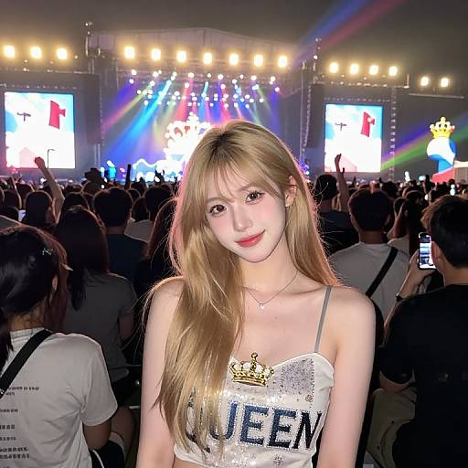 Photograph of a young Asian woman with long blonde hair, wearing a sparkly white 