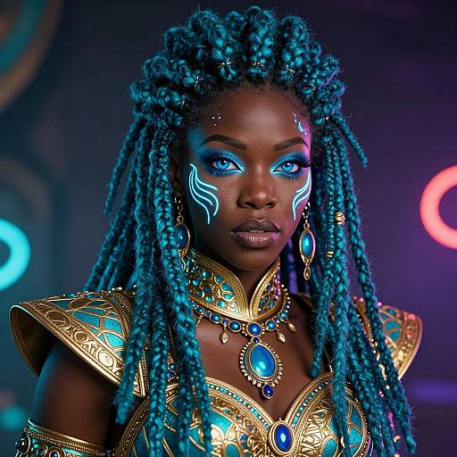 Photograph of a dark-skinned woman with blue glow face paint, turquoise dreadlocks, and elaborate gold and turquoise armor, set against a neon-l