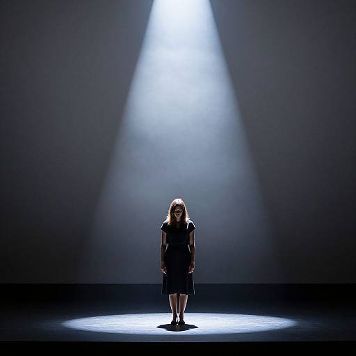 Photograph of a woman with shoulder-length brown hair, wearing a black dress, standing center stage under a bright spotlight, against a dark, empty background